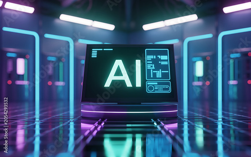 Laptop computer displaying AI on screen in futuristic neon lit room with blue lights