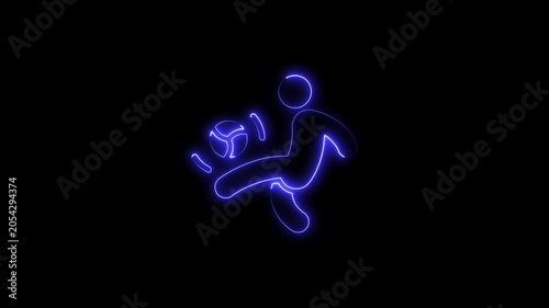 Neon Soccer Player Kicking Ball Blue Glow Silhouette Isolated on Black Background Sports