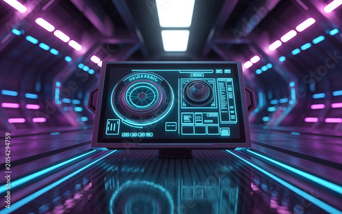 Neon lit futuristic control panel in a scifi corridor with purple and blue lights