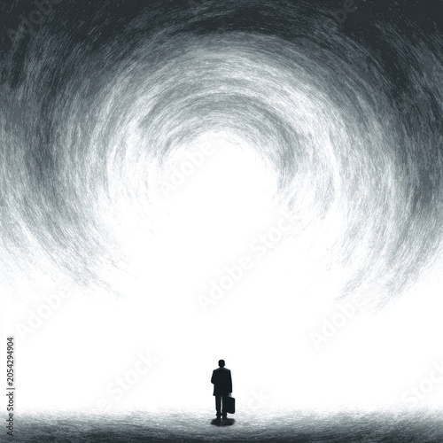 Small businessman stands before a bright abstract tunnel. Space for text.