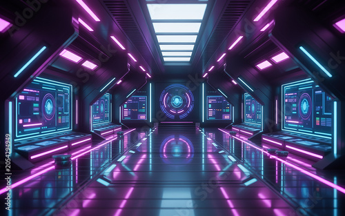 Neon lit futuristic control room with multiple screens and purple pink blue lights
