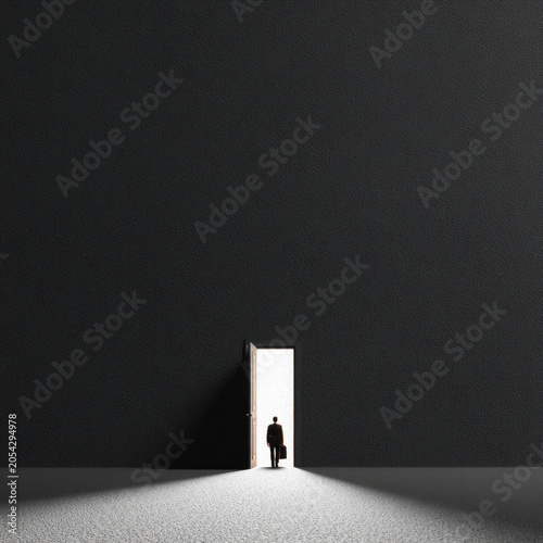 Small man enters a bright doorway in a black wall. Space for text.