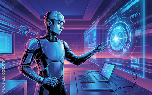 Robot interacting with futuristic holographic interface in hightech laboratory setting with screens