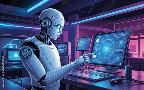 Robot working on computer in futuristic laboratory with multiple monitors and neon lights