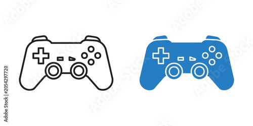 Video game controller outline and filled icon against a white background for digital entertainment concept