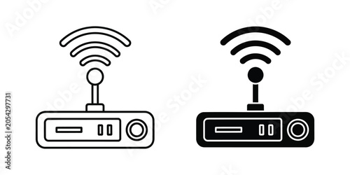 Wireless router icon in outline and solid style with signal waves for network communication concepts