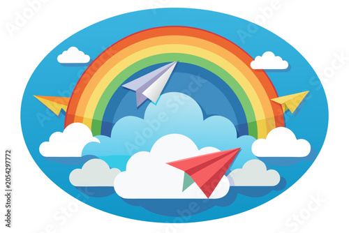 Circular composition of paper planes flying through clouds and rainbow, no background