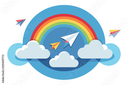 Circular composition of paper planes flying through clouds and rainbow, no background