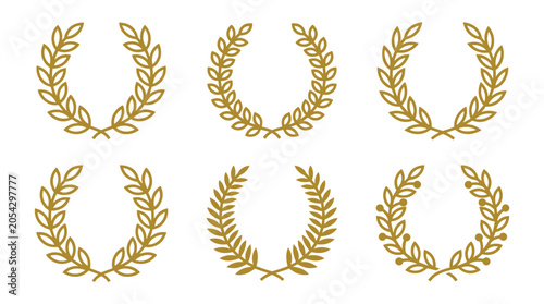 A collection of six golden laurel wreath icons with varying leaf and berry details, presented on a clean white background.