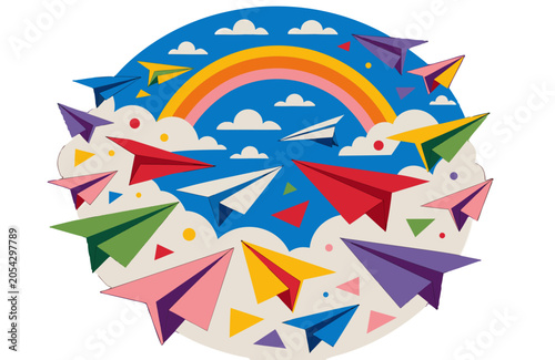 Circular composition of paper planes flying through clouds and rainbow, no background