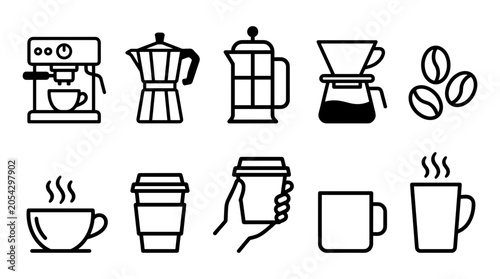 A collection of simple line icons depicting various coffee making methods and drinking vessels.