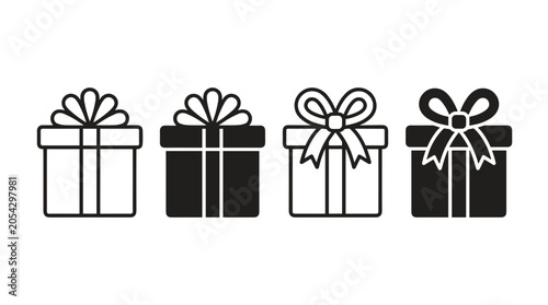 A collection of four stylized gift boxes, presented as icons, with variations in line art and silhouette, each topped with a decorative bow.