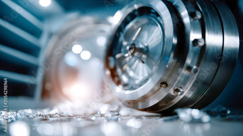 Close-up of an open steel bank vault door with sparkling diamonds on the floor, security, wealth and safe storage concept