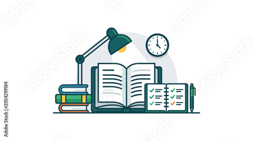 Late night study session layout with open textbook desk lamp clock and completed notebook.