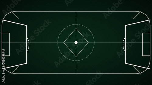 Detailed Soccer Field Diagram with White Markings on Dark Green Background