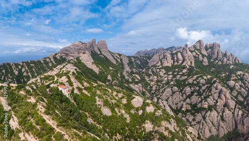 Konstfotografi Aerial panoramic view of dramatic serrated conglomerate rock peaks of Montserrat
