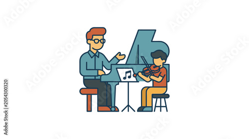 Obraz na plátně Illustration of private violin music lesson with instructor teaching student at piano