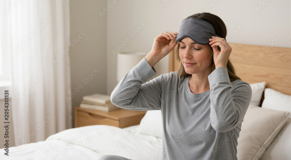 Obraz premium Woman putting on a silk sleep mask in bed. Morning routine and wellness concept