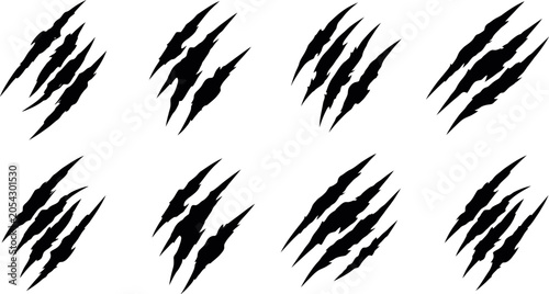 Eight black claw scratch marks vector illustration isolated on transparent background graphic element for design projects and digital artwork