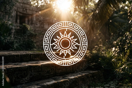 An ancient jungle temple illuminated by warm sunlight filtering through lush greenery, creating a serene and mystical atmosphere