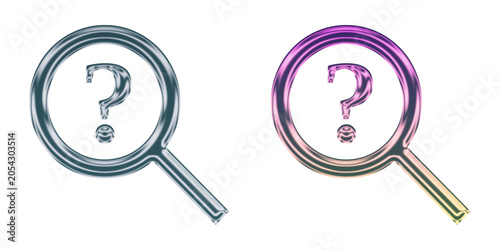 Foto Two glossy metallic magnifying glass icons with question marks isolated on trans