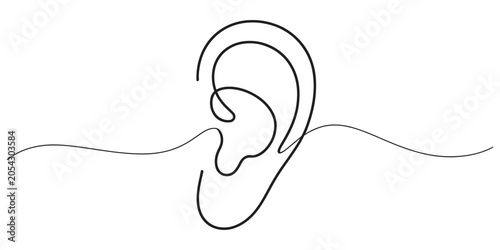 Human ear drawn with a single continuous black line art style vector