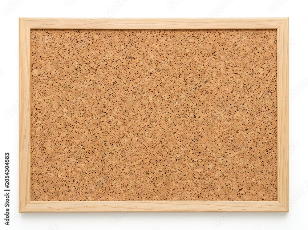 Fototapeta premium Blank corkboard mounted in light-toned wooden frame showcasing neutral textured surface ideal for office planning and brainstorming sessions