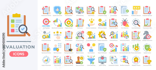 Business Evaluation Icon Set, Performance Review and Quality Assessment Flat Corporate Elements Vector. Simple flat color vector.