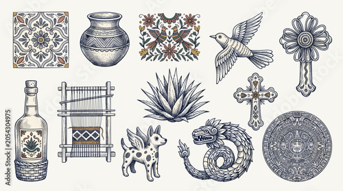 Mexican-inspired Folk Art Design Elements Collection Set in Detailed Engraved Style Illustration