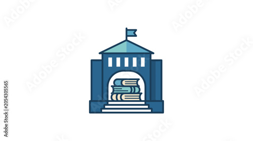 University building with a stack of books, symbolizing a library or educational institution.