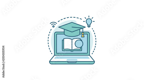 Digital learning illustration with open book and graduation cap on laptop screen monitor.