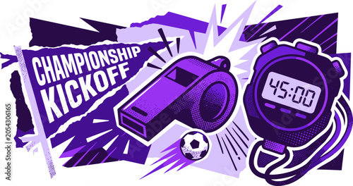 Photos Championship kickoff sports vector illustration, purple soccer whistle and stopw