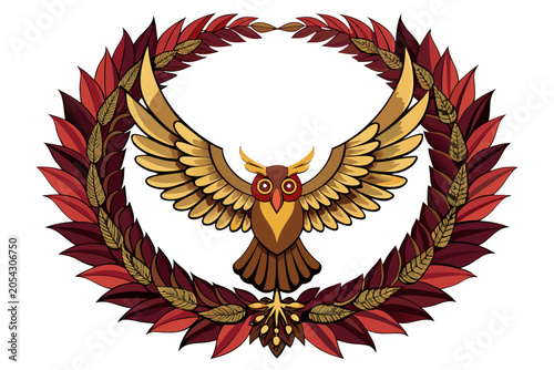 Wreath of feathers with an owl spreading its wings inside, no background