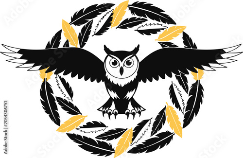 Wreath of feathers with an owl spreading its wings inside, no background