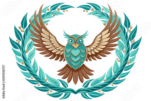Wreath of feathers with an owl spreading its wings inside, no background