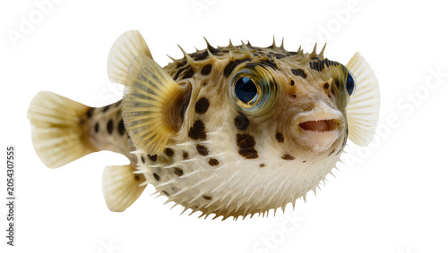 Tableau sur toile Spiky pufferfish with dark spots fins and blue eyes, isolated on transparent bac