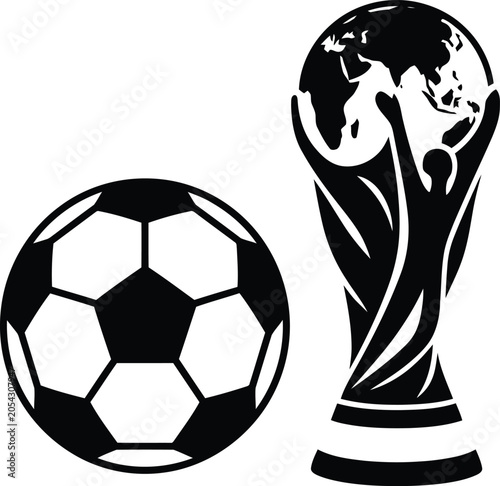 Canvastavla Soccer ball beside a classic world cup footboll trophy silhouette icon graphic w