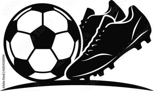 Quadro su tela Black and white graphic icon featuring a classic soccer ball and cleats for worl