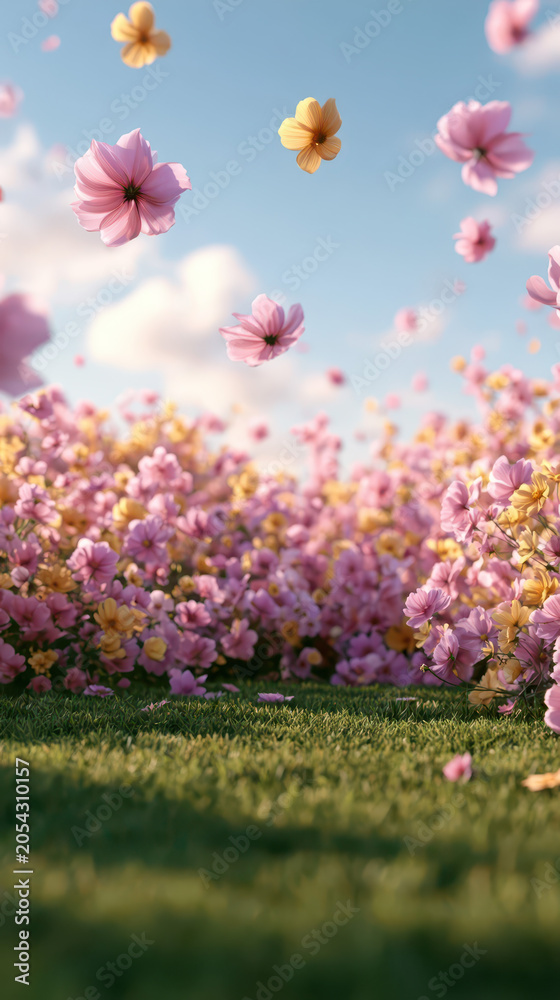 Fototapeta premium Spring Garden Bliss: Vibrant Flowers, Green Lawn, and Blue Sky with Floating Petals for Seasonal Designs.