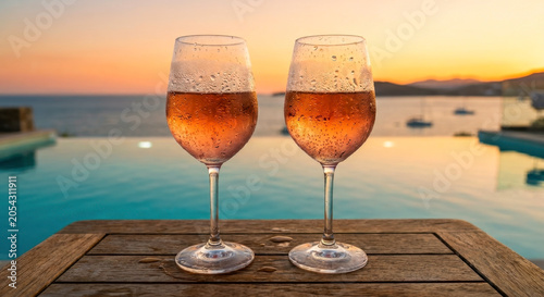 Two glasses of chilled rose wine on a wooden table, overlooking an infinity pool and ocean at golden hour. Summer holidays vacations relax moment. AI generated