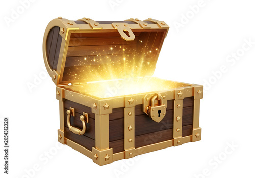 Open Treasure Chest Glowing with Golden Light and Ancient Coins Inside on white background , Isolated on Transparent Background, PNG, Generative AI