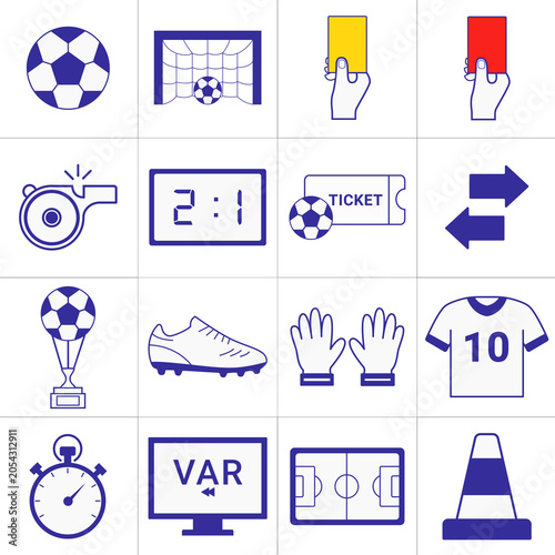 Football Match and Soccer Tournament Icons Set – Goal, Trophy, Referee Cards, VAR, and Stadium Vector Collection