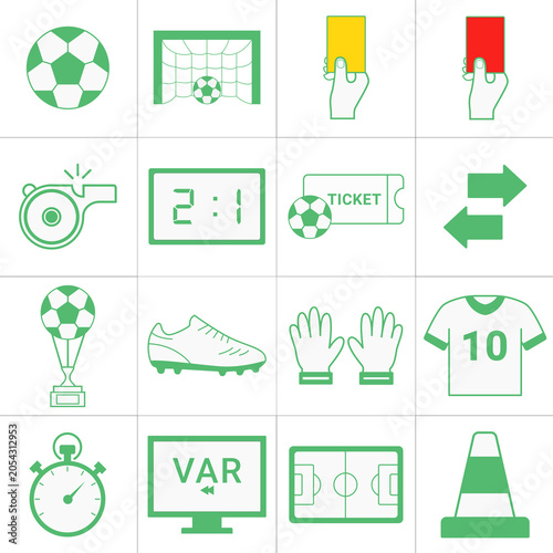 Football Match and Soccer Tournament Icons Set – Goal, Trophy, Referee Cards, VAR, and Stadium Vector Collection