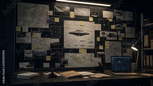 A dark forensic investigation room featuring a carefully organized evidence board with photos, notes, red strings, and radar prints connected to an unidentified flying object.