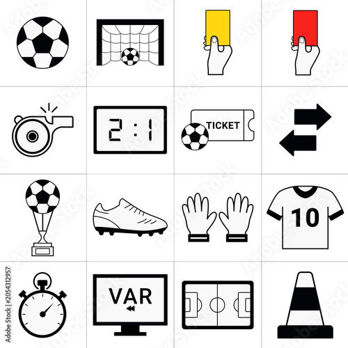 Football Match and Soccer Tournament Icons Set – Goal, Trophy, Referee Cards, VAR, and Stadium Vector Collection