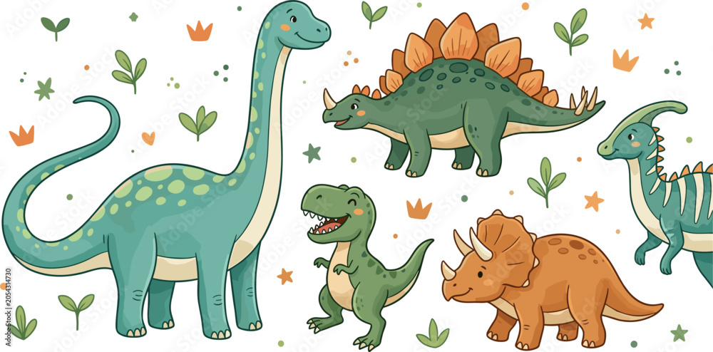 Obraz premium Cute cartoon dinosaur vector character collection featuring tyrannosaurus rex brachiosaurus triceratops stegosaurus and parasaurolophus isolated on white background.