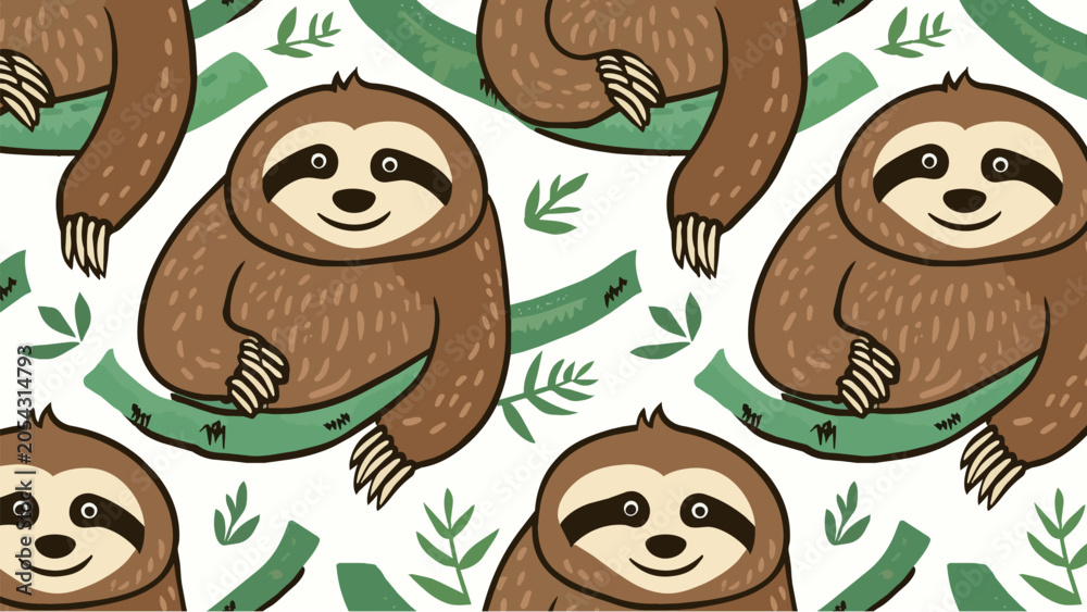 Obraz premium Adorable brown sloths hanging from tropical green tree branches seamless vector pattern for fabric and wallpaper
