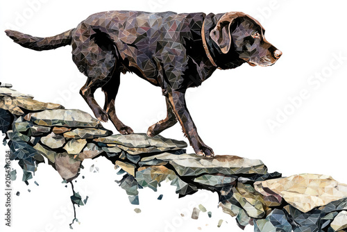 Low poly black dog walking across broken stone slabs.