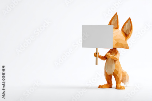 Low poly fox holding a blank sign. Space for text.