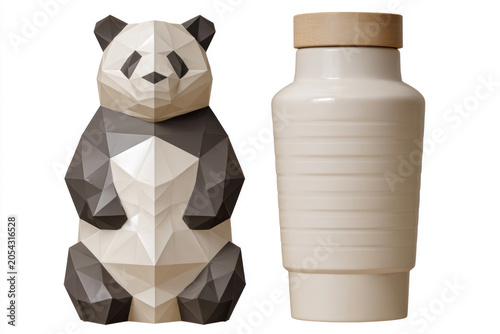 Low poly panda standing beside a reusable bottle.